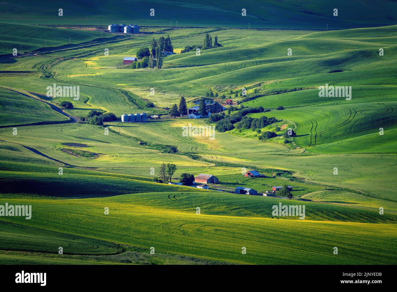 Beautiful farm land and barns rich with green Stock Photo