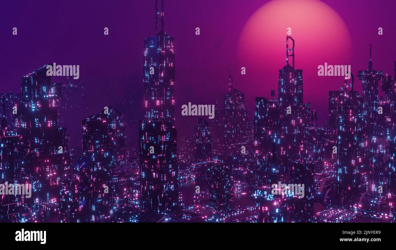 Cyberpunk neon city night. Futuristic city scene in a style of pixel art.  Backdrop. Wallpaper. Retro future 3D illustration. Urban scene Stock Photo  - Alamy