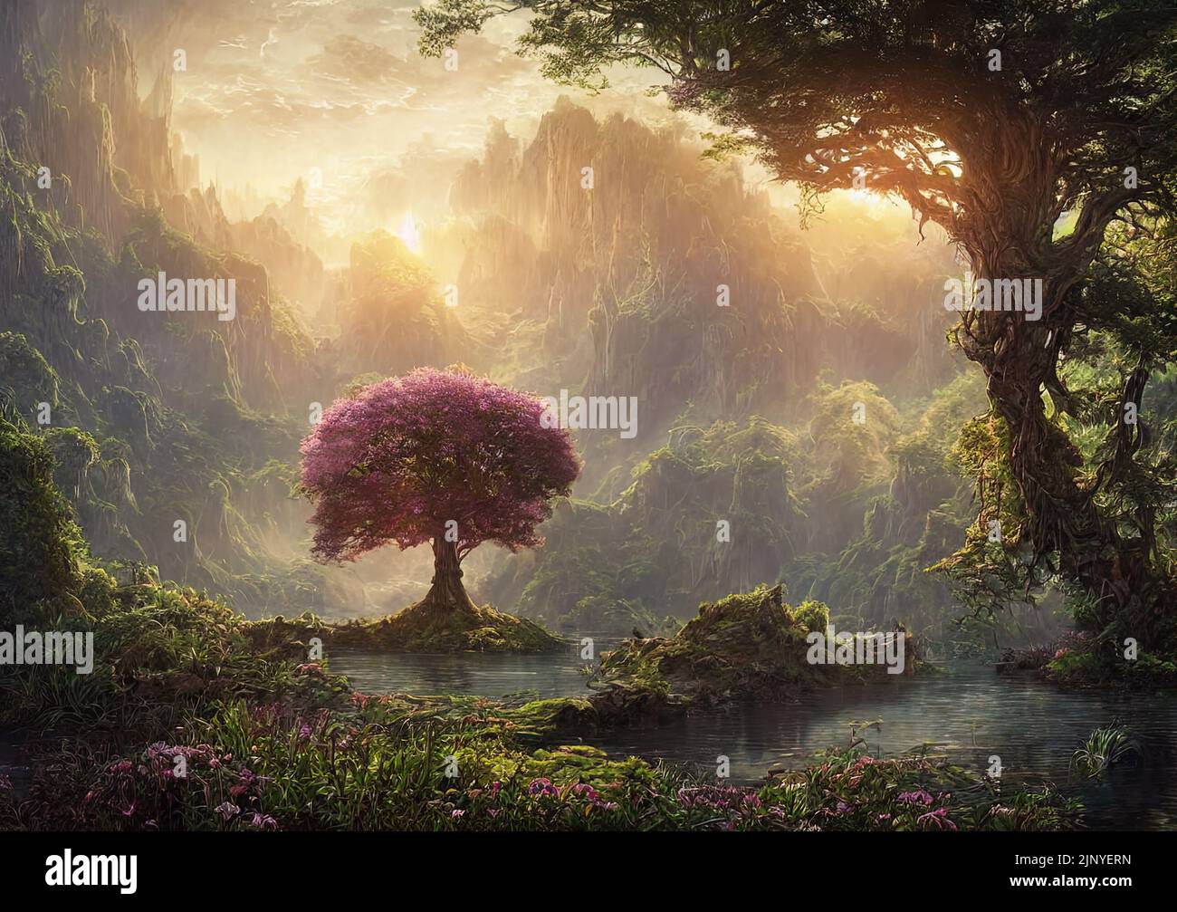 3d rendering of surreal beautiful fantasy land with lake and giant trees Stock Photo