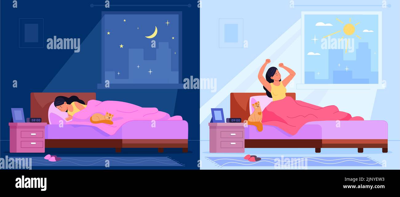 Sleep and wake up in bedroom. Lazy sleeping happy woman and waking early stretching morning at sunrise window, awake lady sitting mattress bed in home room, vector illustration of bed morning Stock Vector