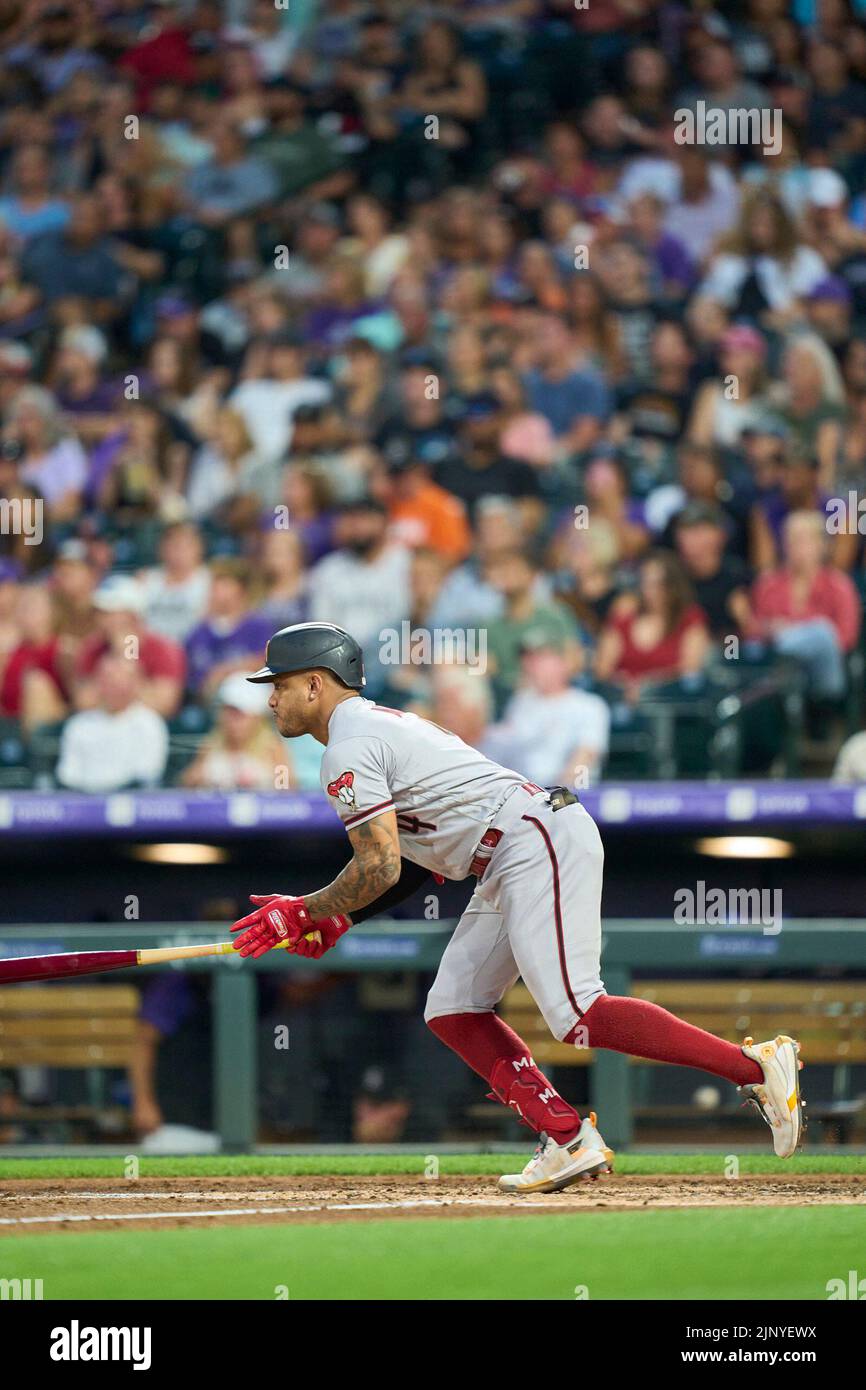August 13 2022: Arizona second baseman Ketel Marte (4) gets a hit during the game with Arizona Dimondbacks and Colorado Rockies held at Coors Field in Denver Co. David Seelig/Cal Sport Medi Stock Photo