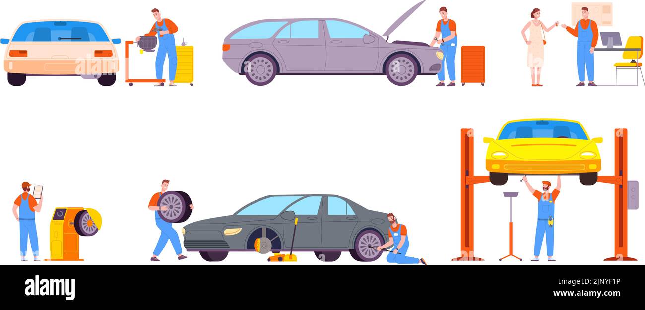 Car repair process. Auto repairman inspection and fix client automobile