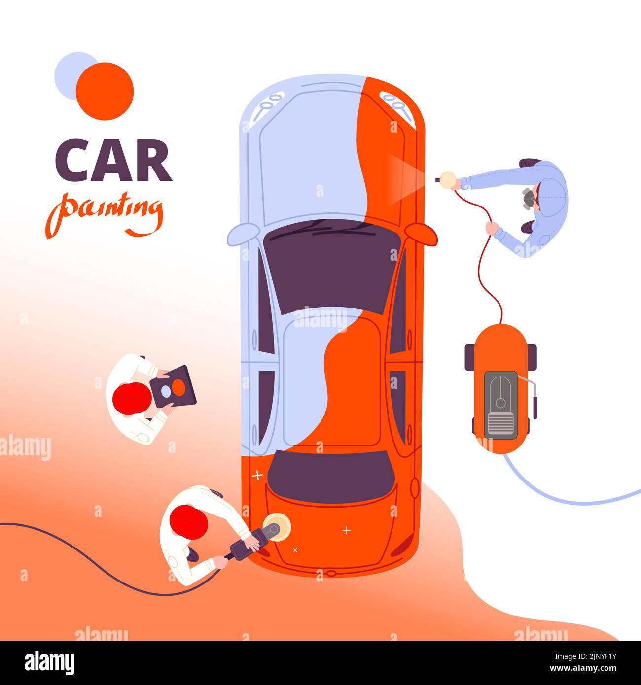 Painting body car. Auto mechanic spraying coating paint on machine, automotive industry gun airbrush spray protection care polish automobile workshop, vector illustration of vehicle automobile Stock Vector