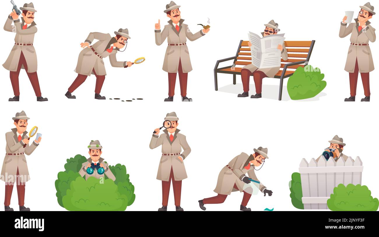 Inspecting detective character. Mystery inspector investigating case