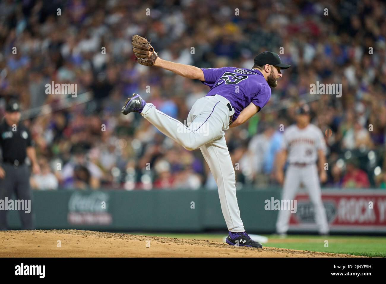 August 13 2022: Colorado pitcher Jake Bird (59) throws a pitch during the game with Arizona Diamondbacks and Colorado Rockies held at Coors Field in Denver Co. David Seelig/Cal Sport Medi Stock Photo