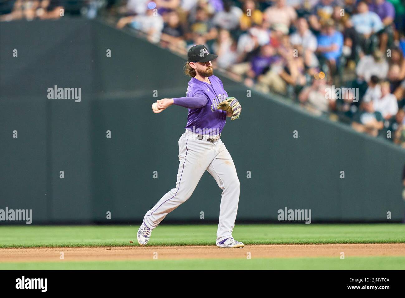 August 13 2022: Colorado second baseman Brendan Rodgers (7) makes a play during the game with Arizona Diamondbacks and Colorado Rockies held at Coors Field in Denver Co. David Seelig/Cal Sport Medi Stock Photo