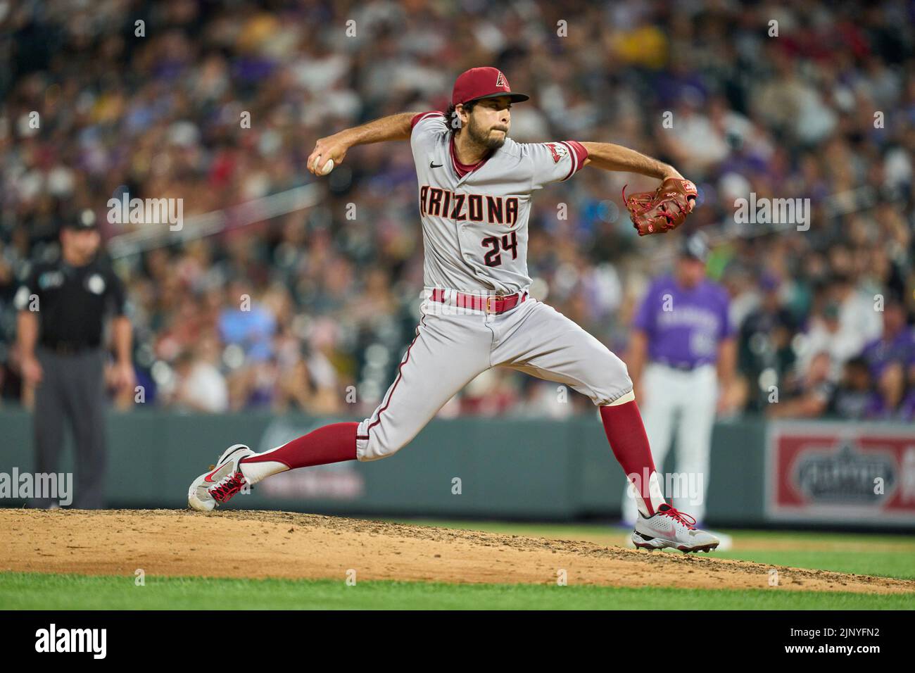 August 13 2022: Arizona pitcher Noe Ramirez (24) throws a pitch during the game with Arizona Diamondbacks and Colorado Rockies held at Coors Field in Denver Co. David Seelig/Cal Sport Medi Stock Photo