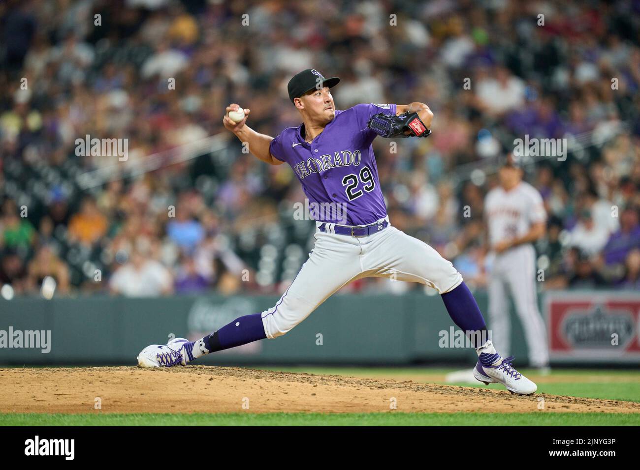 August 13 2022: Colorado pitcher Robert Stevenson (29) throws a pitch during the game with Arizona Diamondbacks and Colorado Rockies held at Coors Field in Denver Co. David Seelig/Cal Sport Medi Stock Photo