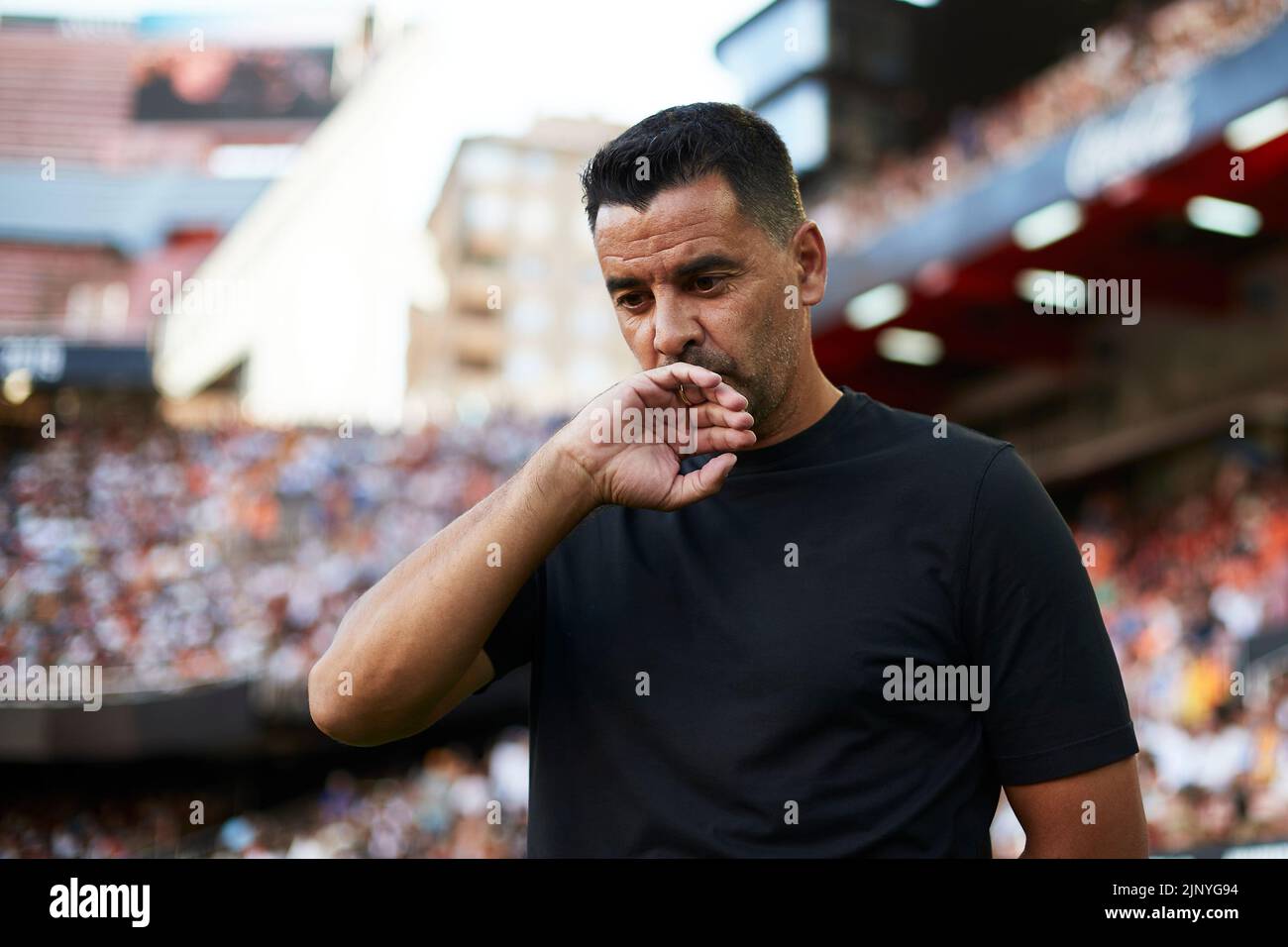 Valencia, Spain. . 14th Aug, 2022. Spanish La Liga: Valencia CF v Girona FC. Girona FC head coach Miguel Angel Sanchez Michel Credit: saolab/Alamy Live News Stock Photo