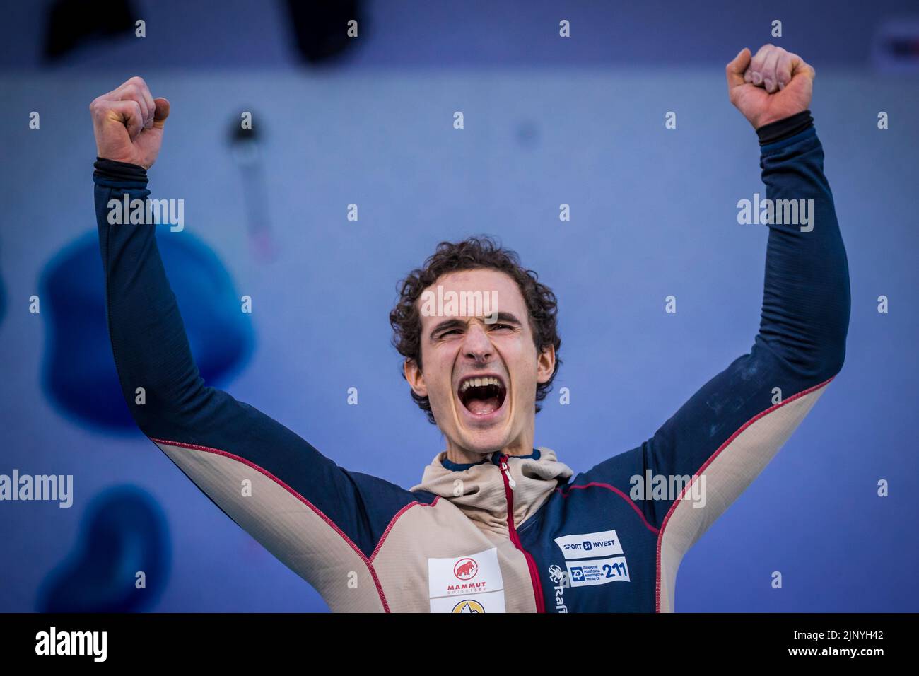 Czech Adam Ondra (CZE) clinches lead gold during the Sport Climbing Men´s Lead at the Munich 2022 European Championships in Munich, Germany, August 14 Stock Photo