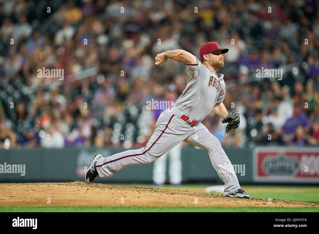 August 13 2022: Arizona pitcher Ian Kennedy (31) throws a pitch during the game with Arizona Diamondbacks and Colorado Rockies held at Coors Field in Denver Co. David Seelig/Cal Sport Medi Stock Photo