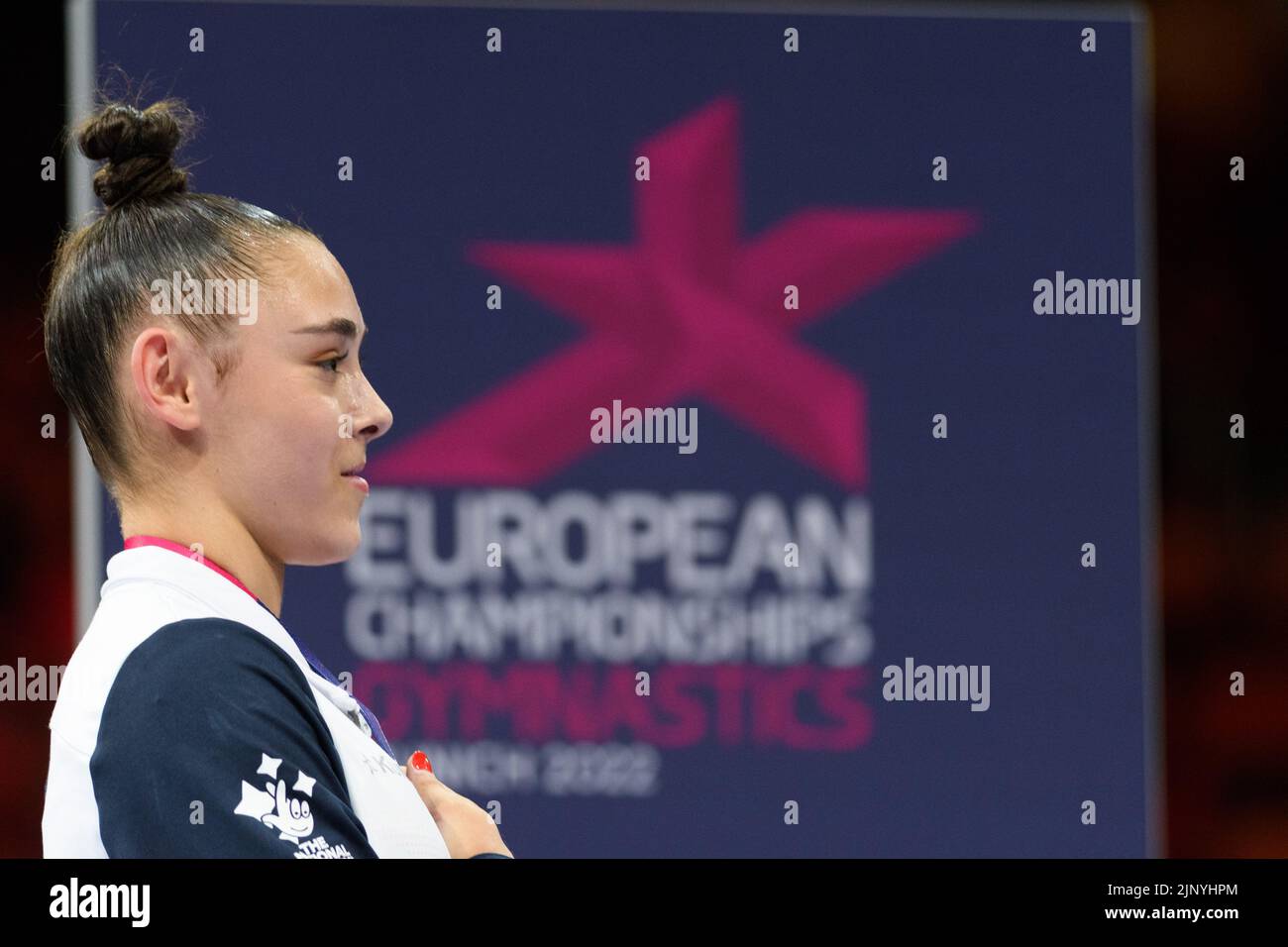 Great Britain's Jessica Gadirova celebrates with the gold medal after