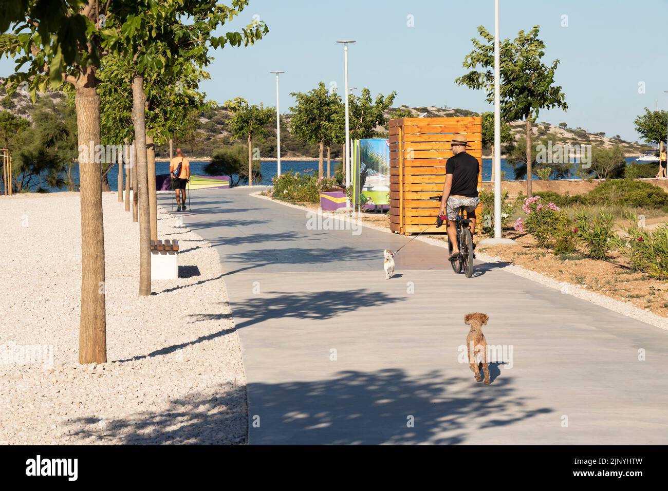 Vodice, Croatia - July 13, 2022: Person riding a bike while walking a dog on a beach walkway Stock Photo