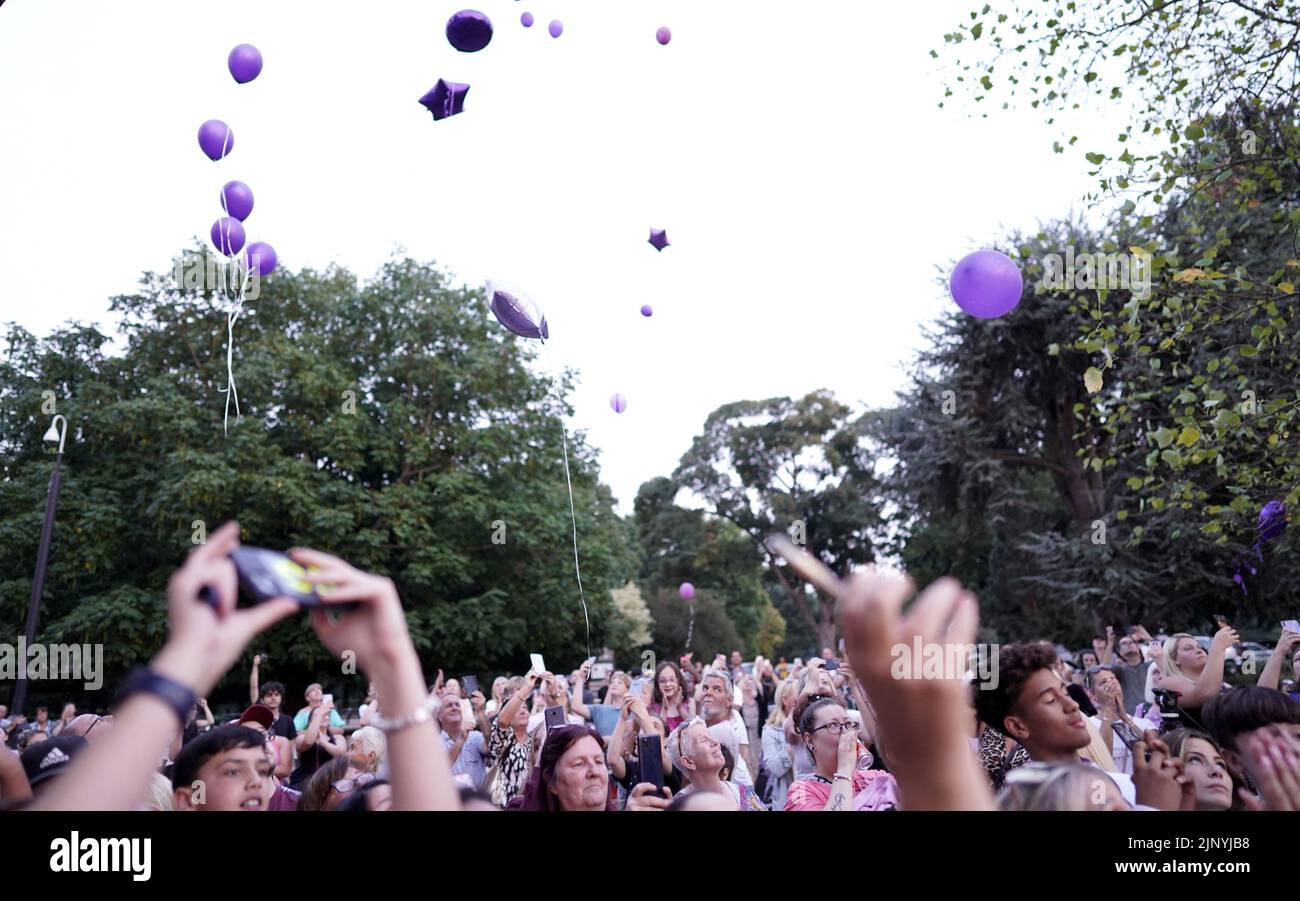 People release purple balloons during a vigil at Priory Park in Southend-on-Sea, in memory of Archie Battersbee who died in hospital after weeks of legal battles. Picture date: Sunday August 14, 2022. Stock Photo