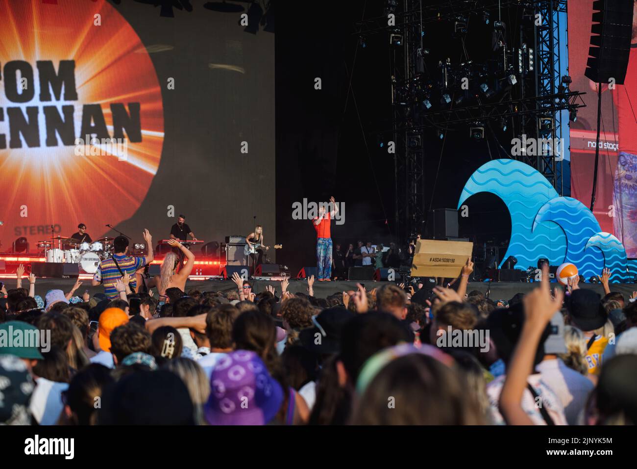 Newquay, Cornwall, UK. 14th August, 2022. Tom Grennan performing on