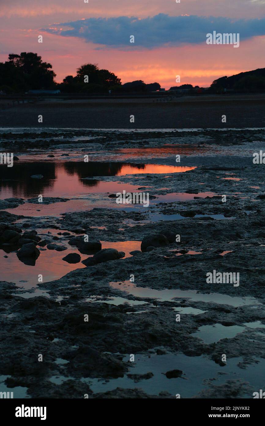 Pett Level, East Sussex, UK. 14 Aug, 2022. UK Weather: The sun goes down in a red glow illuminating a submerged ancient forest only visible at low tide. Photo Credit: Paul Lawrenson/Alamy Live News Stock Photo