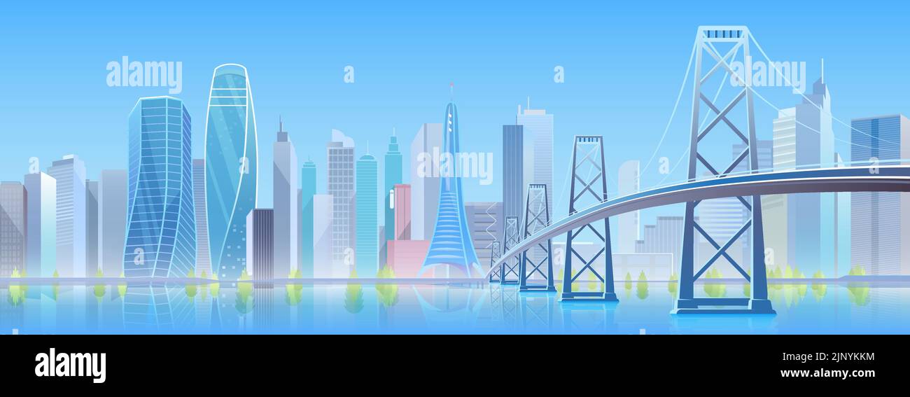 Futuristic metropolis cityscape with bridge and silhouettes of creative modern buildings vector illustration. Cartoon panorama, urban landscape with house construction and infrastructure background Stock Vector