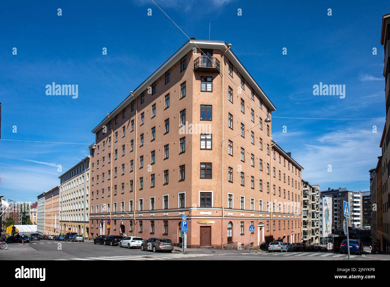 Residential building in the corner Pengerkatu and Torkkelinkatu in Kallio district of Helsinki, Finland Stock Photo