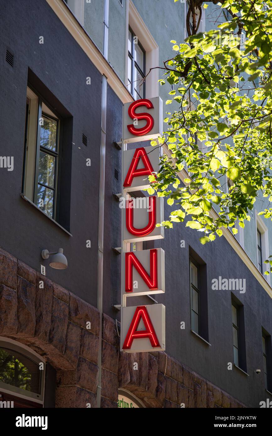 Neon sign of Kotiharjun sauna in Kallio district of Helsinki, Finland