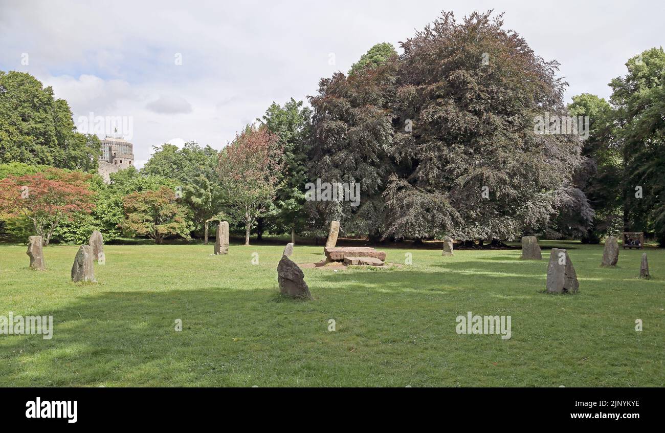 standing stones and central stone. Castle grounds / Bute Park, Cardiff centre. Summer 2022