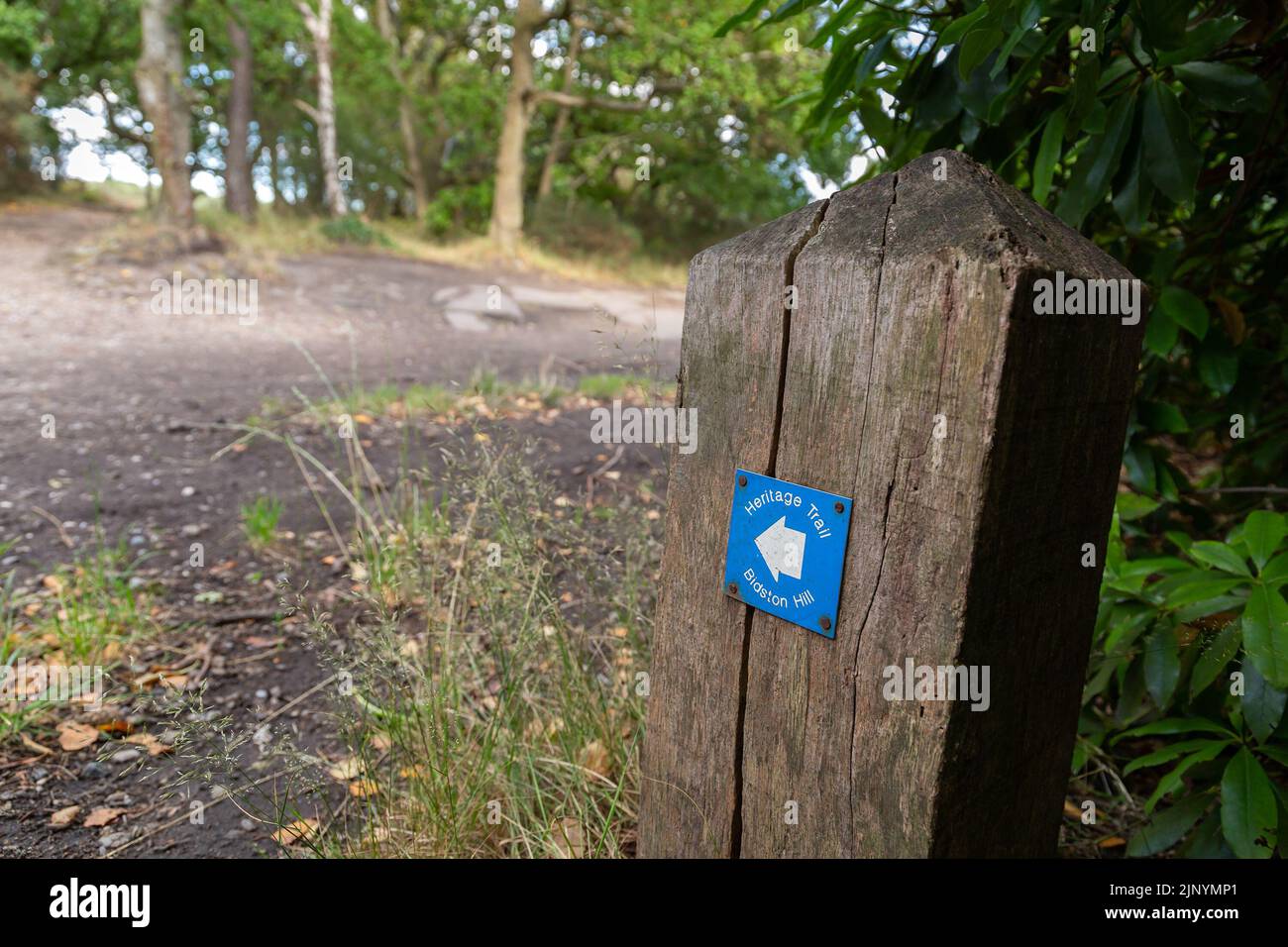 Wirral, UK: Bidston Heritage Trail signpost and direction indicator on Bidston Hill, an area of countryside for recreation. Stock Photo