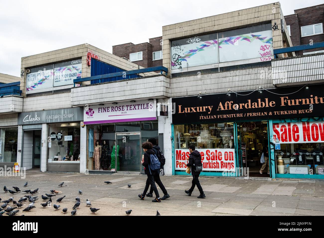 London, UK. 26th May, 2022. Residential and retail units are pictured at the 1960s Kilburn Square shopping precinct. The site is expected to be redeve Stock Photo