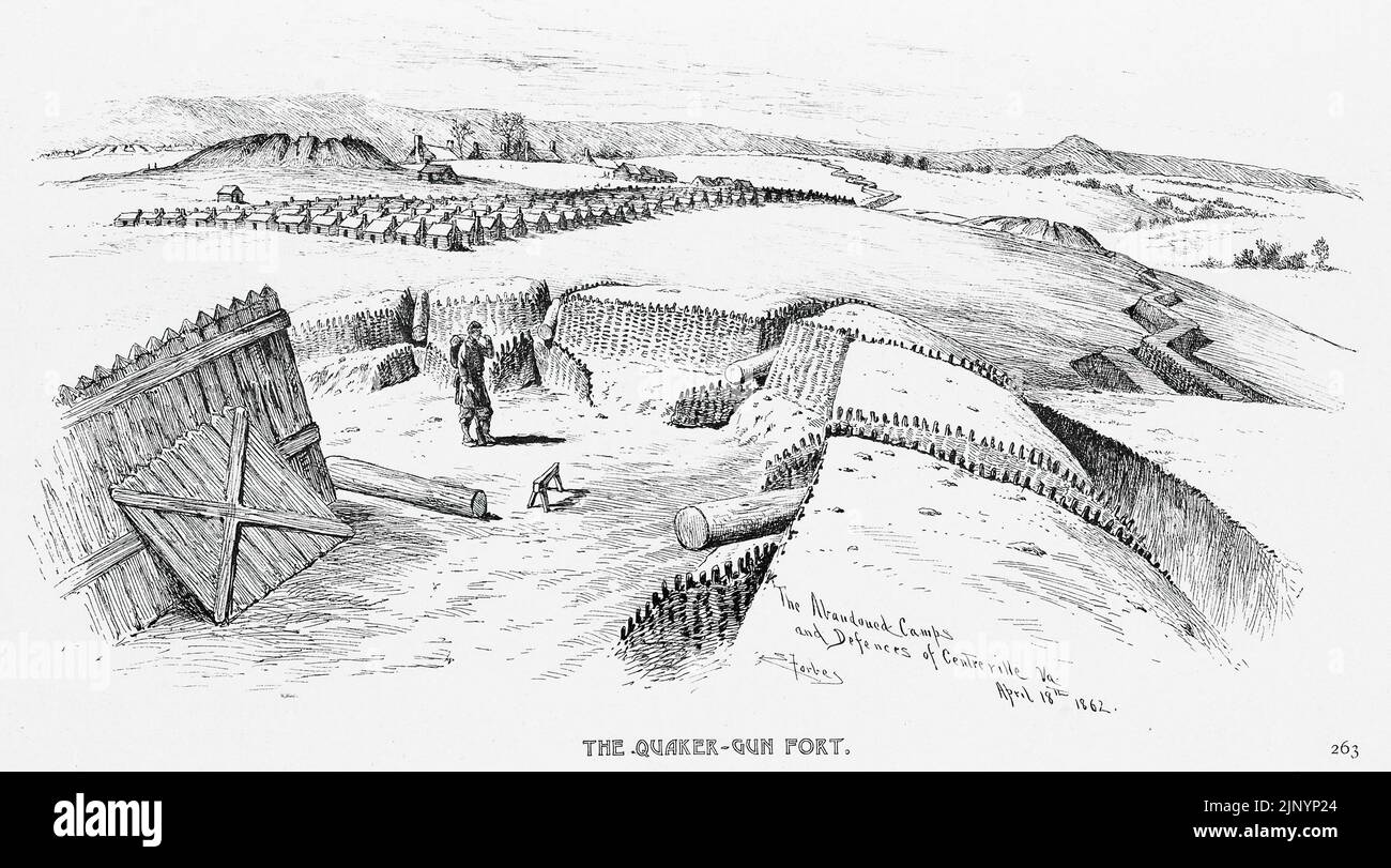 The Quaker-Gun Fort - The Abandoned Camps and Defenses of Centreville, Virginia, April 18th, 1862. 19th century American Civil War illustration by Edwin Forbes Stock Photo