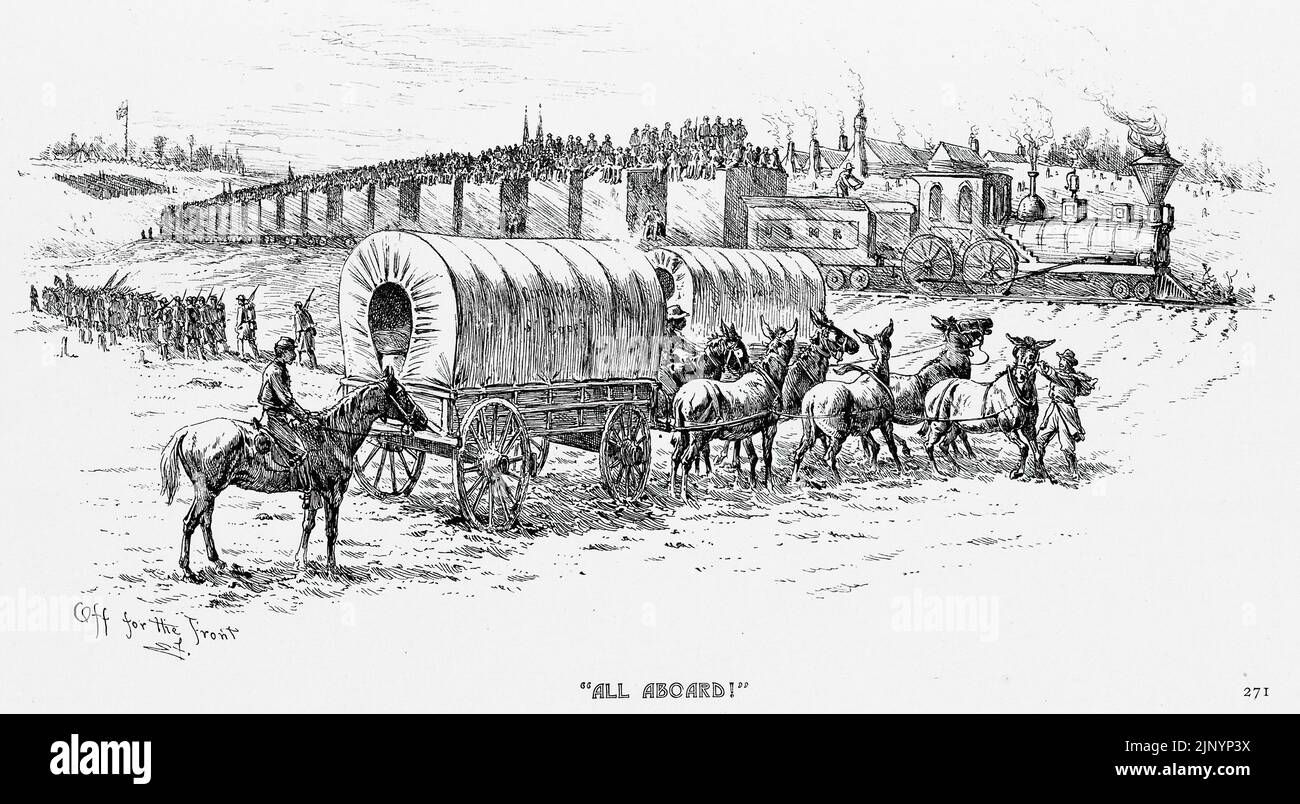 'All Aboard!' - Off for the Front. A military railroad. 19th century American Civil War illustration by Edwin Forbes Stock Photo