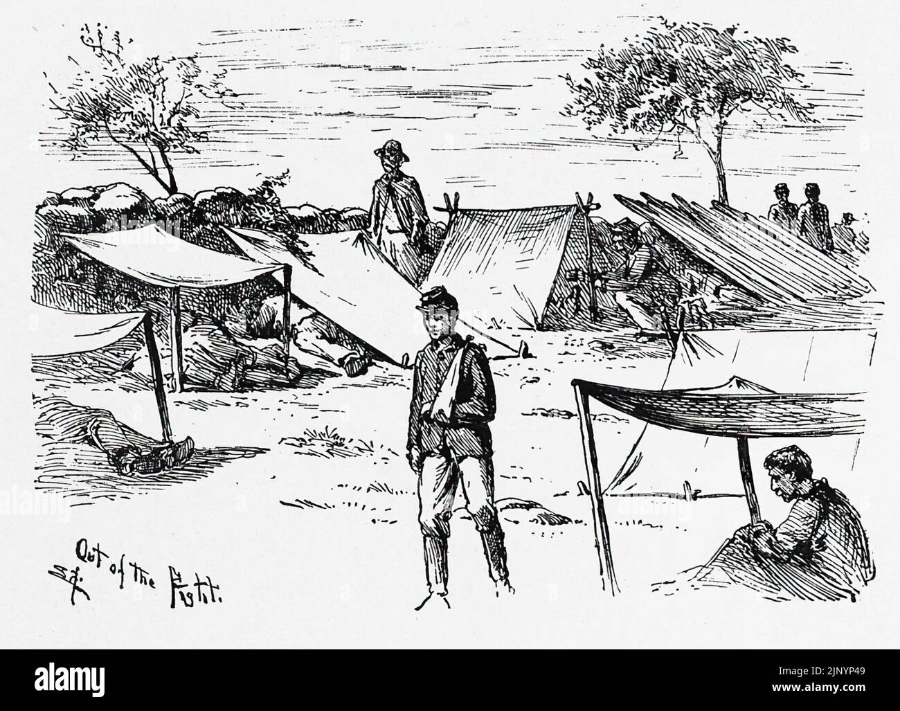 Out of the Fight. Union Army field hospital. 19th century American Civil War illustration by Edwin Forbes Stock Photo