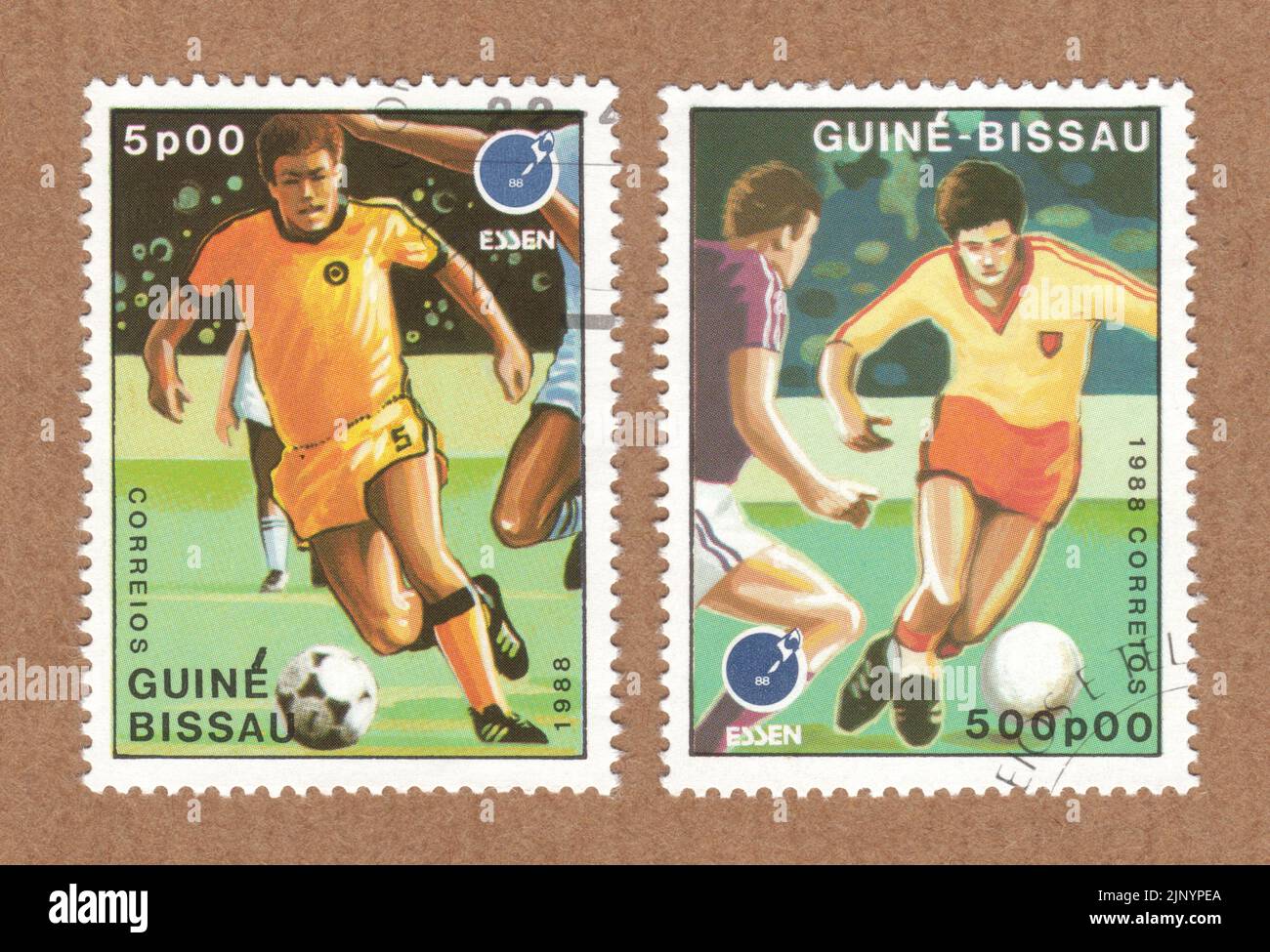 Guine Bissau postage stamps, from the Essen 88, Germany & European Football Championship set created for the 1988 International Stamp Exhibition Stock Photo