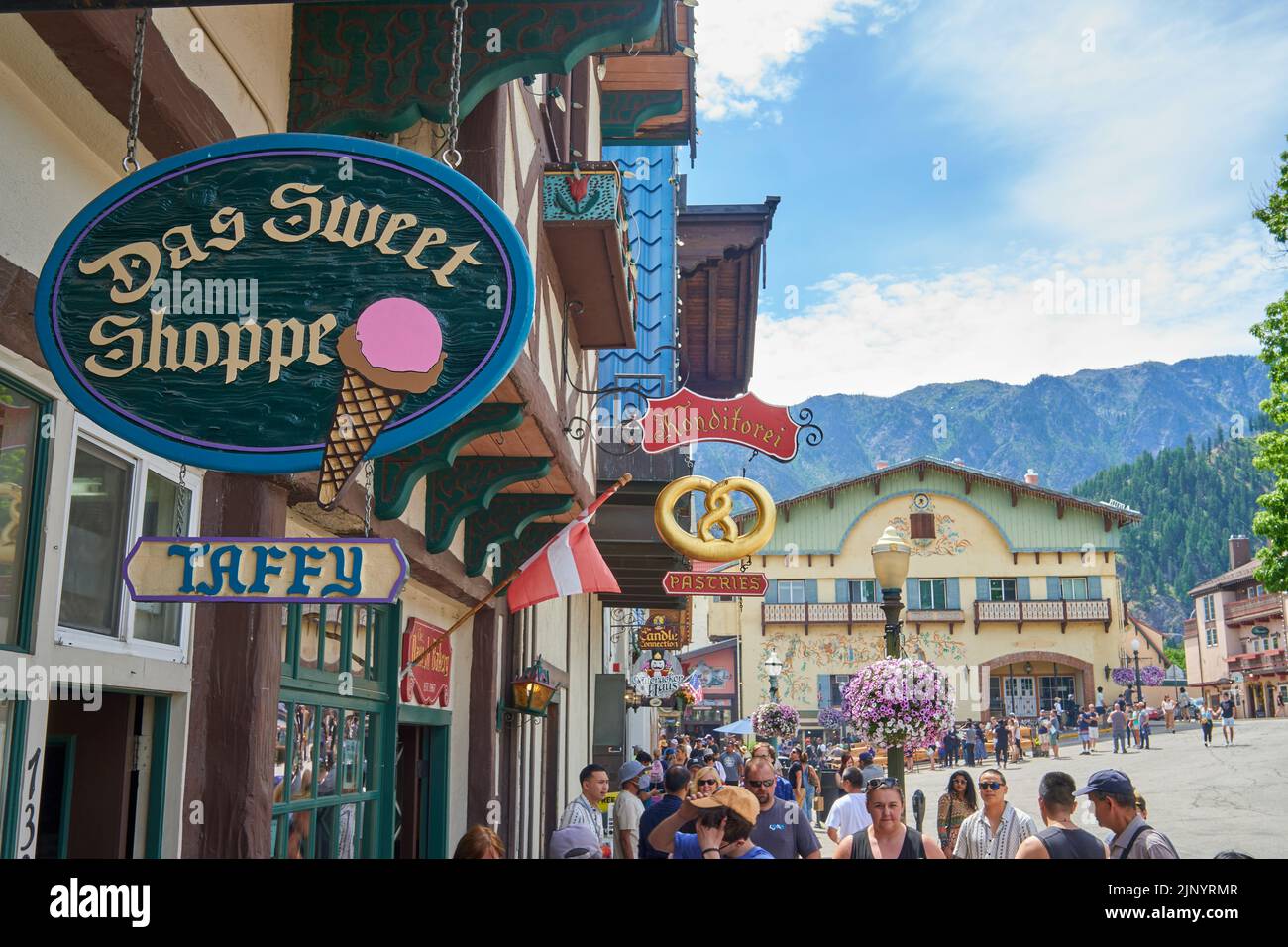 Leavenworth, Washington - German-style town, shops and restaurants, crowds of people on streets. Stock Photo