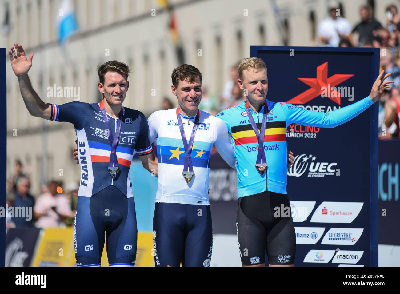 Cycling Road: Fabio Jakobsen (Netherlands, gold medal), Arnaud Demare (France, silver medal), Tim Merlier (Belgium, bronze medal). European Championships Munich 2022 Stock Photo