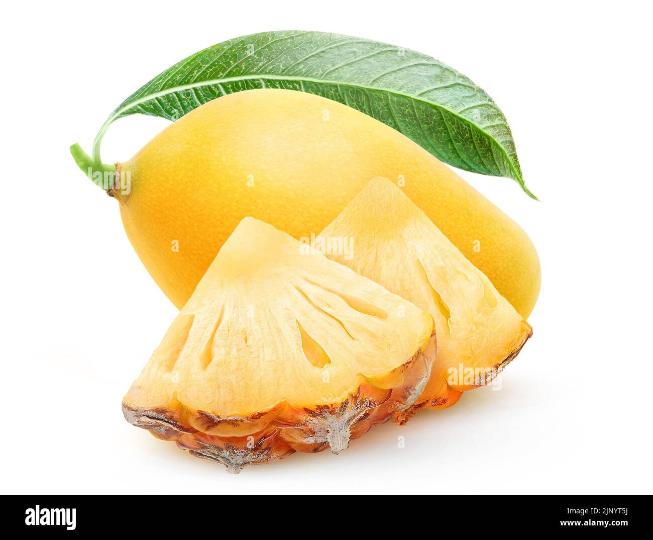 Yellow mango fruit and pieces of pineapple isolated on white background Stock Photo