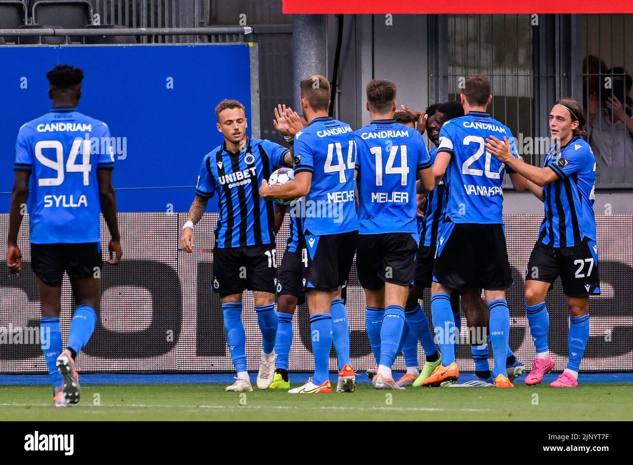 Club's players celebrate after scoring during a soccer match between OHL OudHeverlee Leuven and