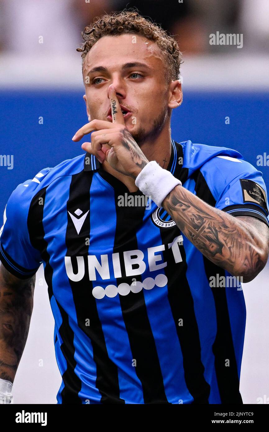 Club's Noa Lang celebrates after scoring during a soccer match between