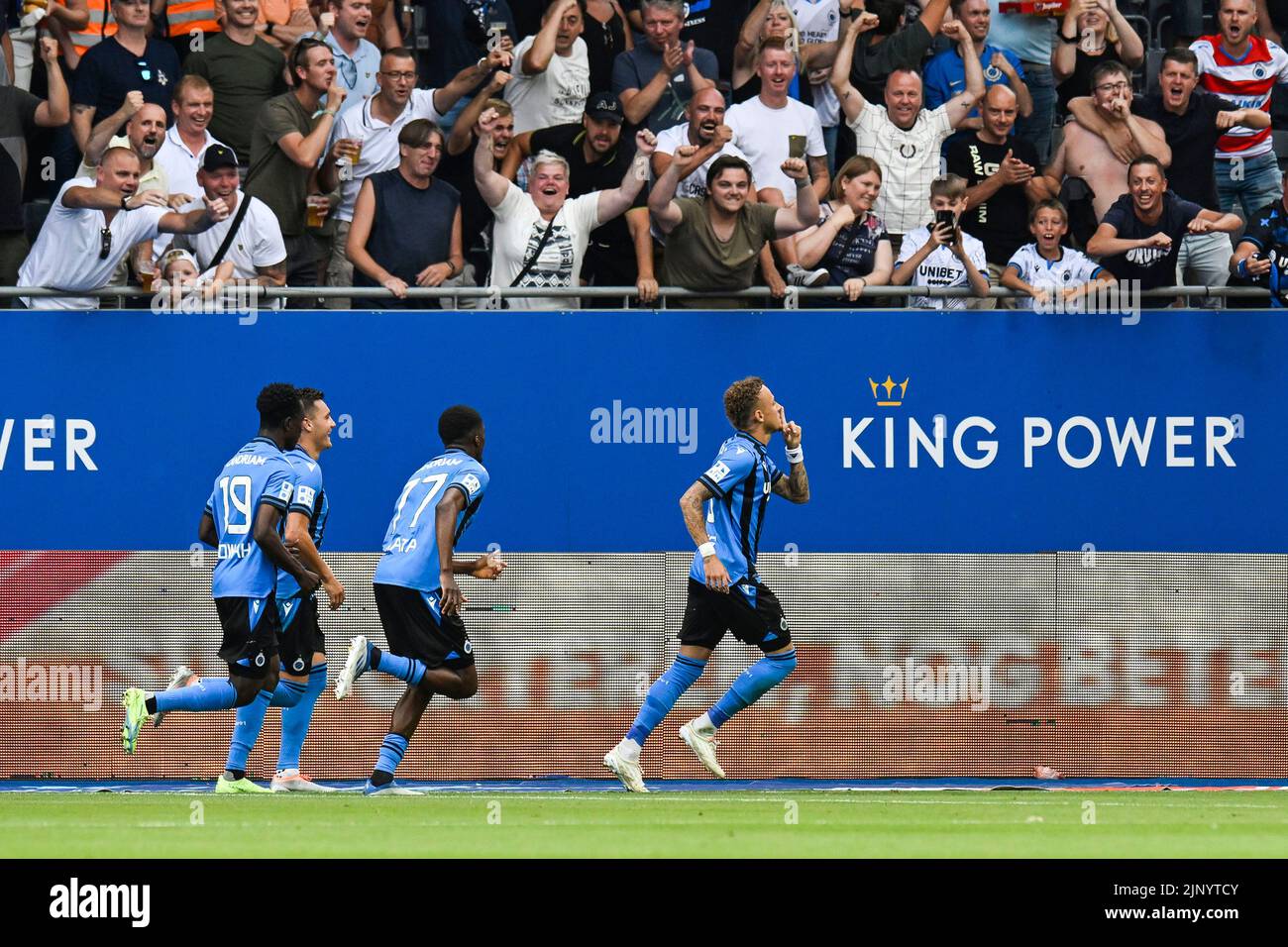Club's Noa Lang celebrates after scoring during a soccer match between