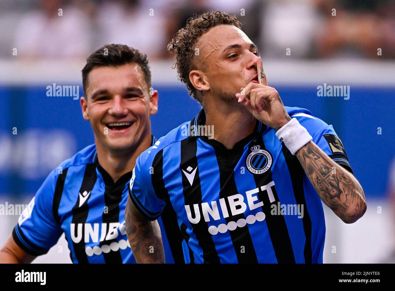 Club's Noa Lang celebrates after scoring during a soccer match between