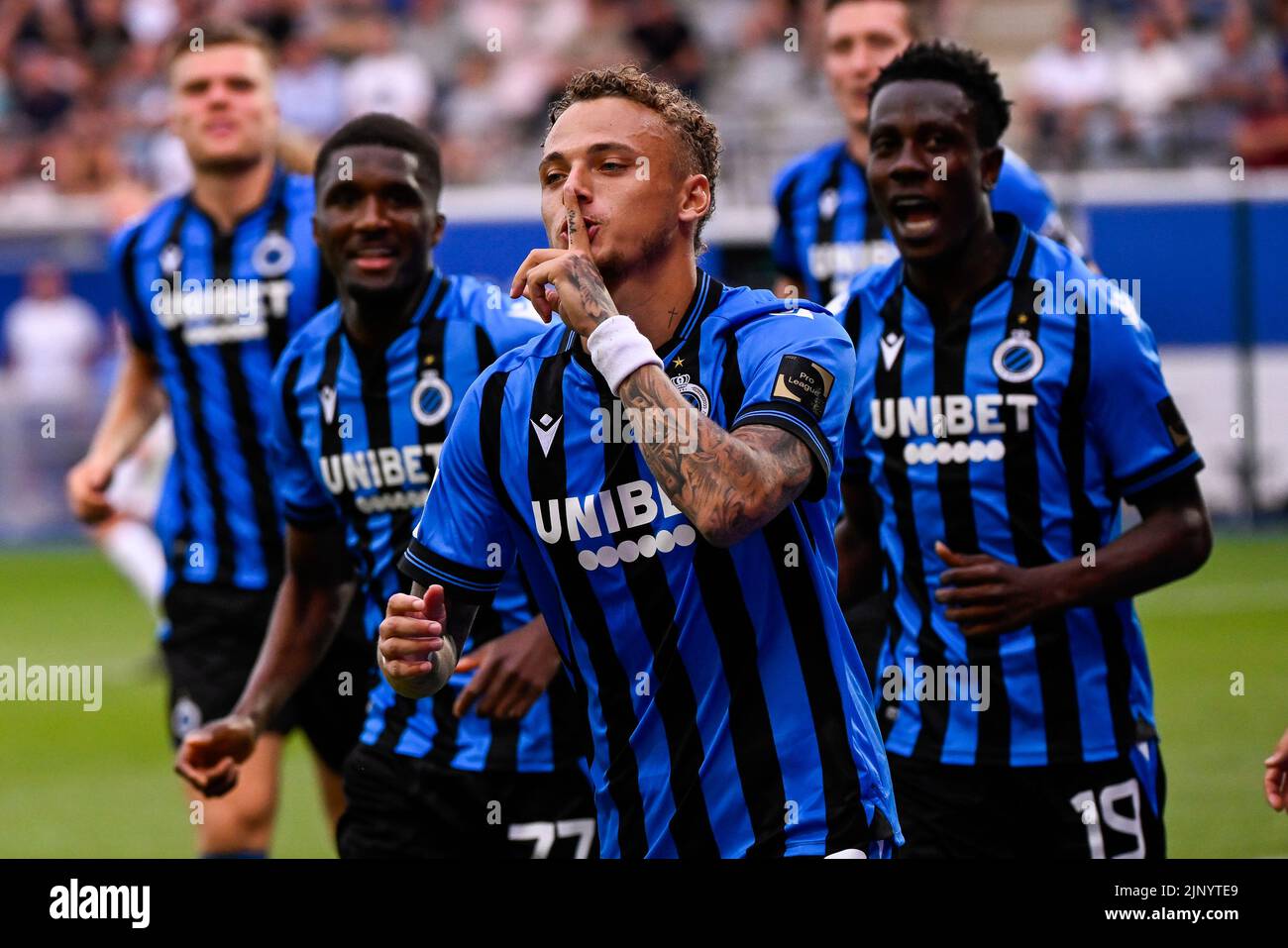 Club's Noa Lang celebrates after scoring during a soccer match between