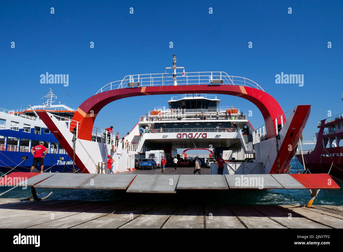 Ferry-boats harbor, Thassos island, Macedonia, North-Eastern Greece Stock Photo