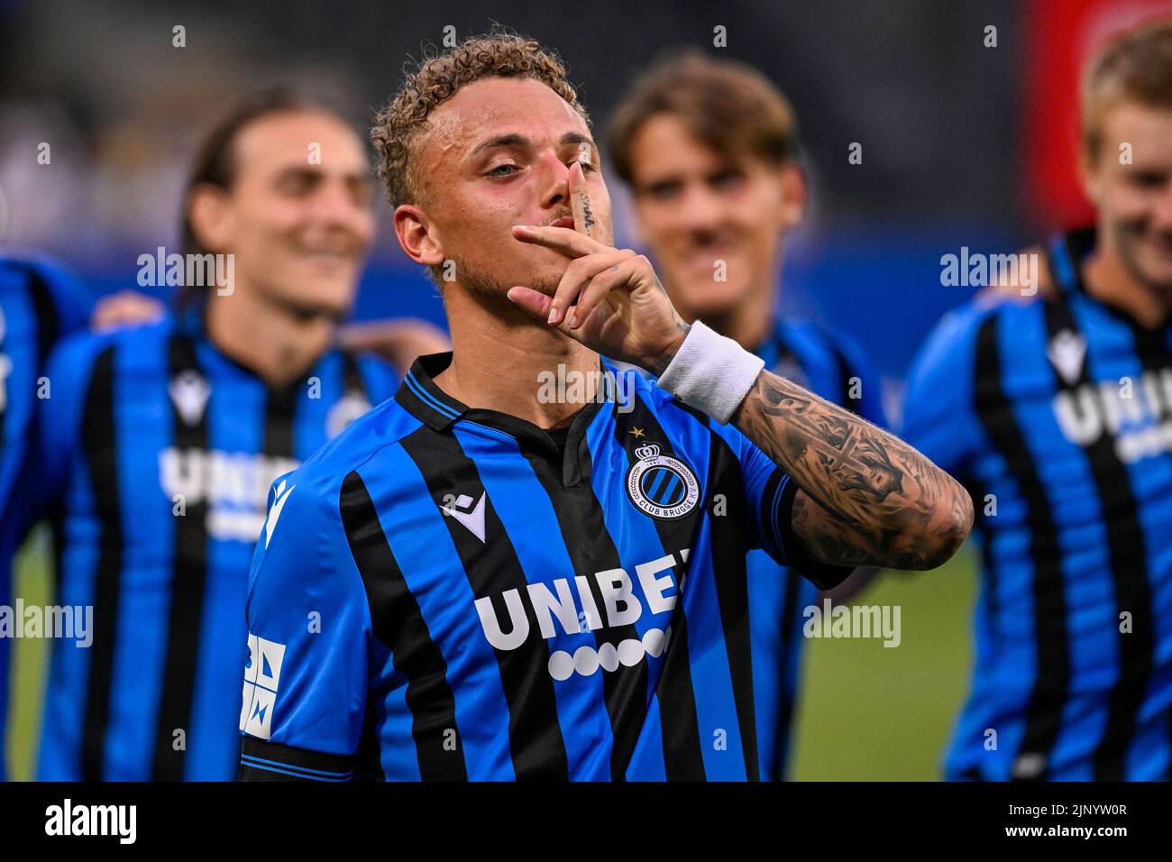 Club's Noa Lang celebrates after winning a soccer match between OHL Oud