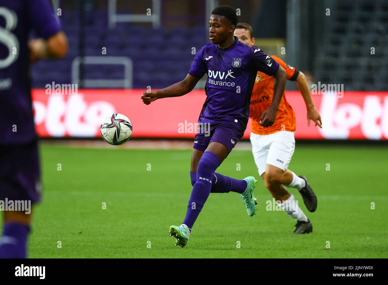 RSCA Futures' Simion Michez and Deinze's Dylan De Belder fight for the ball  during a soccer match between RSC Anderlecht Futures and KMSK Deinze,  Sunday 14 August 2022 in Anderlecht, on day