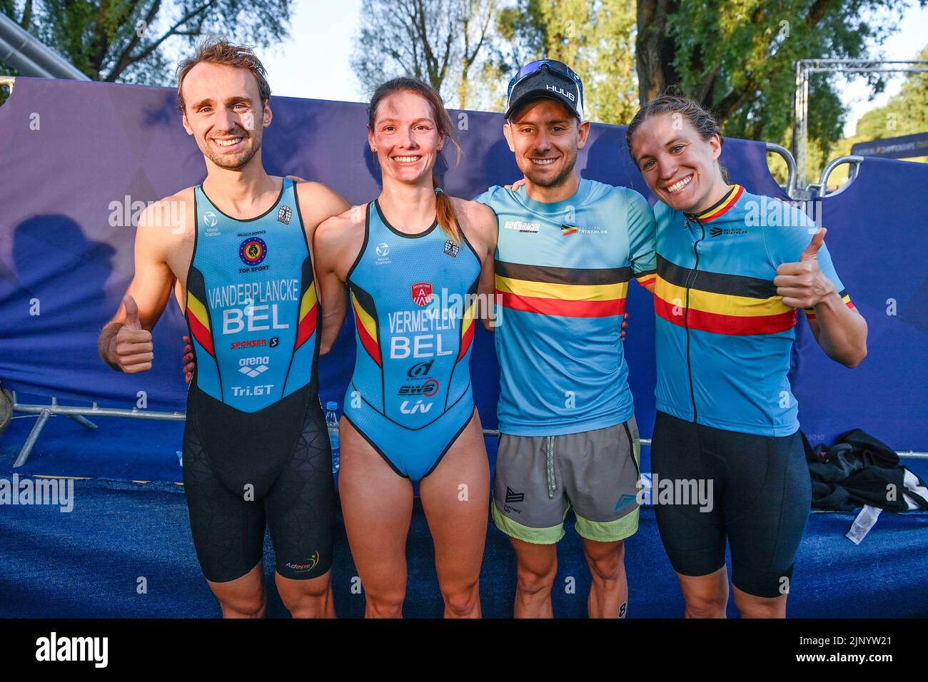 Munich, Germany. 14th Aug, 2022. Belgian Erwin Vanderplancke, Belgian Jolien Vermeylen, Belgian triathlete Jelle Geens and Belgian triathlete Valerie Barthelemy pictured ahead of the Mixed Relay Triathlon European Championships Munich 2022, in Munich, Germany, on Sunday 14 August 2022. The second edition of the European Championships takes place from 11 to 22 August and features nine sports. BELGA PHOTO ERIC LALMAND Credit: Belga News Agency/Alamy Live News Stock Photo