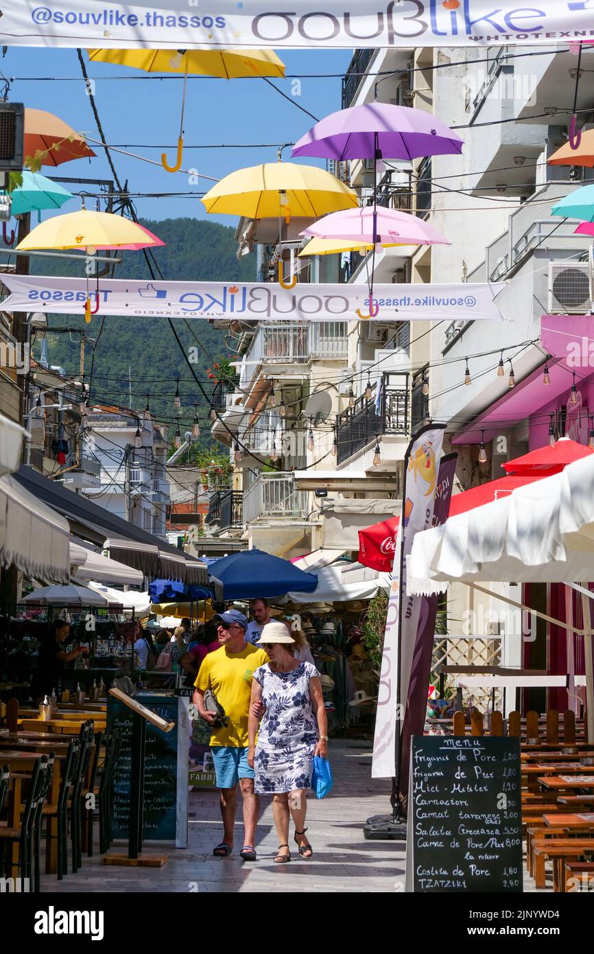 Shopping street, Thassos island, Macedonia, North-Eastern Greece Stock Photo