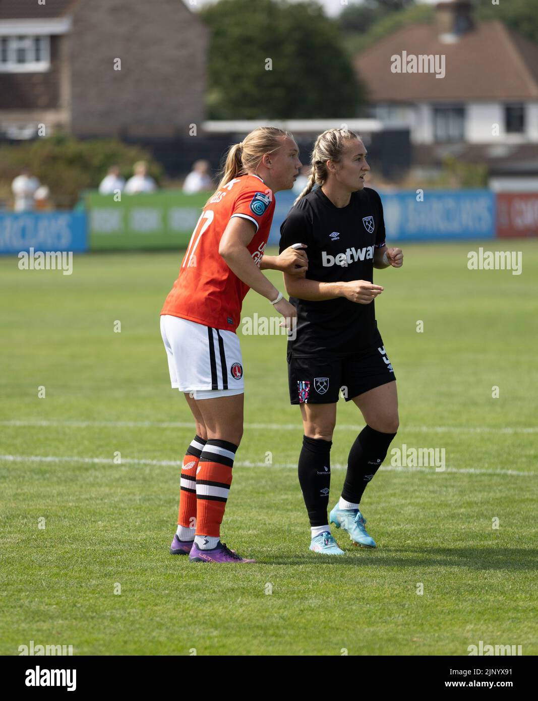 Catford, UK. 14th Aug, 2022. The Oakwood Stadium, Catford, 14 aug 2022 Kiera Skeels (CHA) and Claudia Walker (WHU) during a friendly game in August 2022 (Bettina Weissensteiner/SPP) Credit: SPP Sport Press Photo. /Alamy Live News Stock Photo