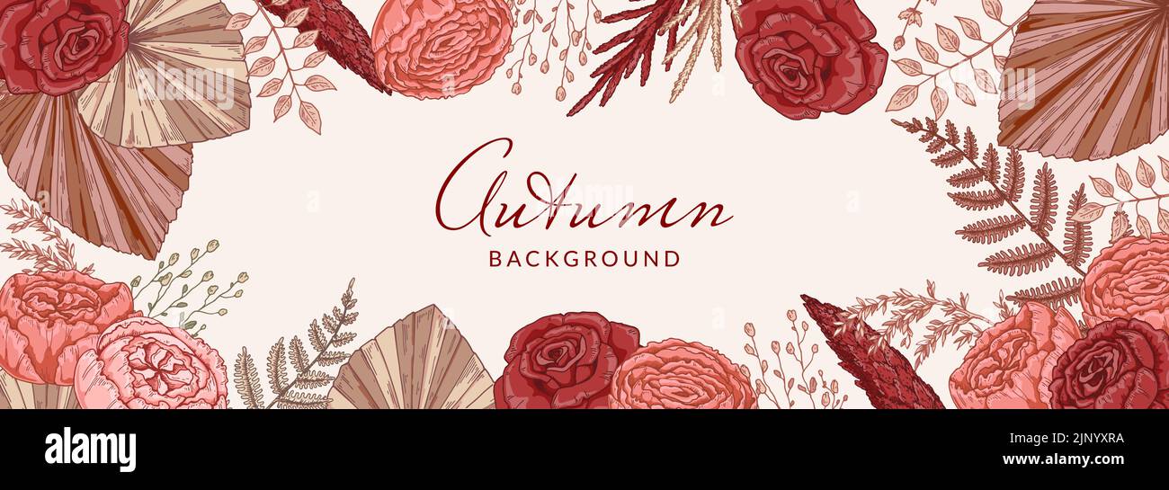 Autumn horizontal banner with modern floral elements. Hand drawn botanical vector illustration. Space for text Stock Vector
