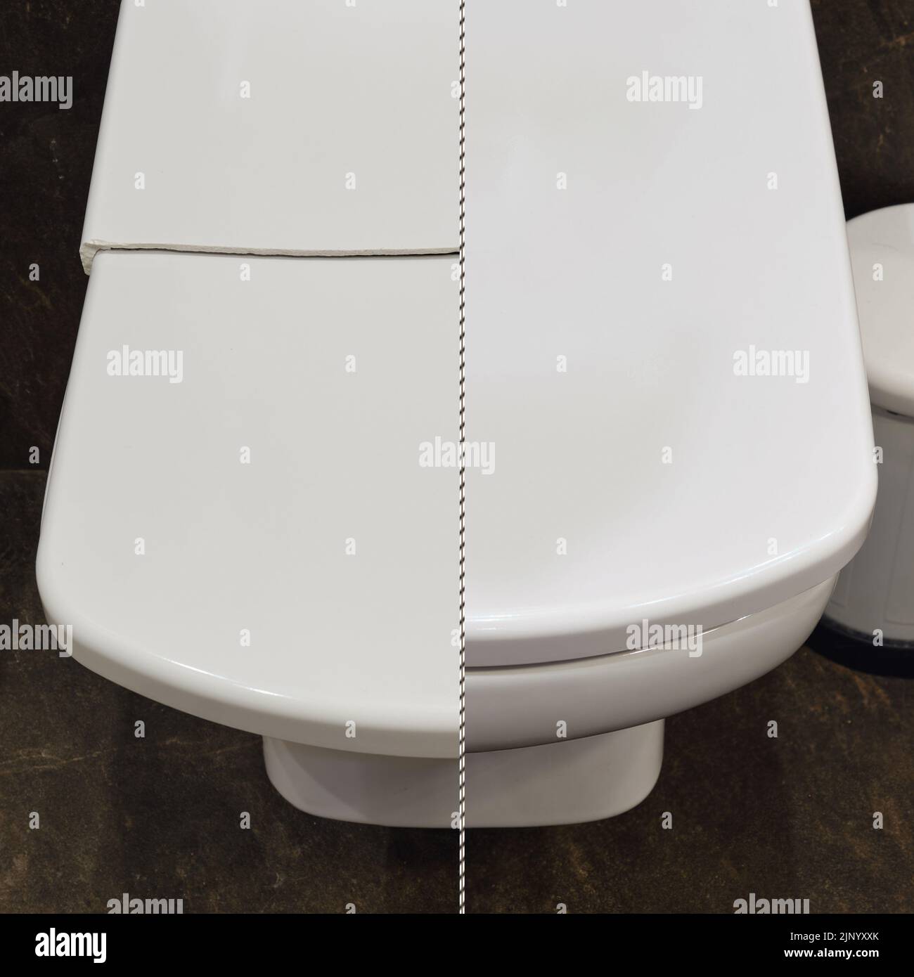 Cracked white toilet lid before and after repair. A broken and whole