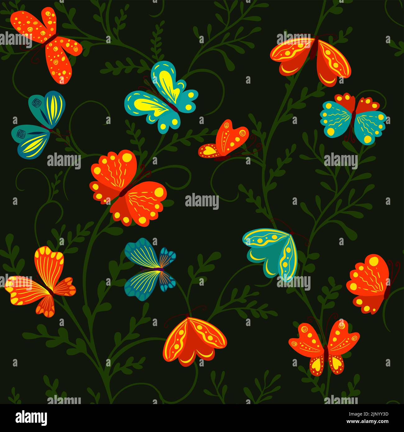 Seamless botanical background with flowers and butterflies on a black ...