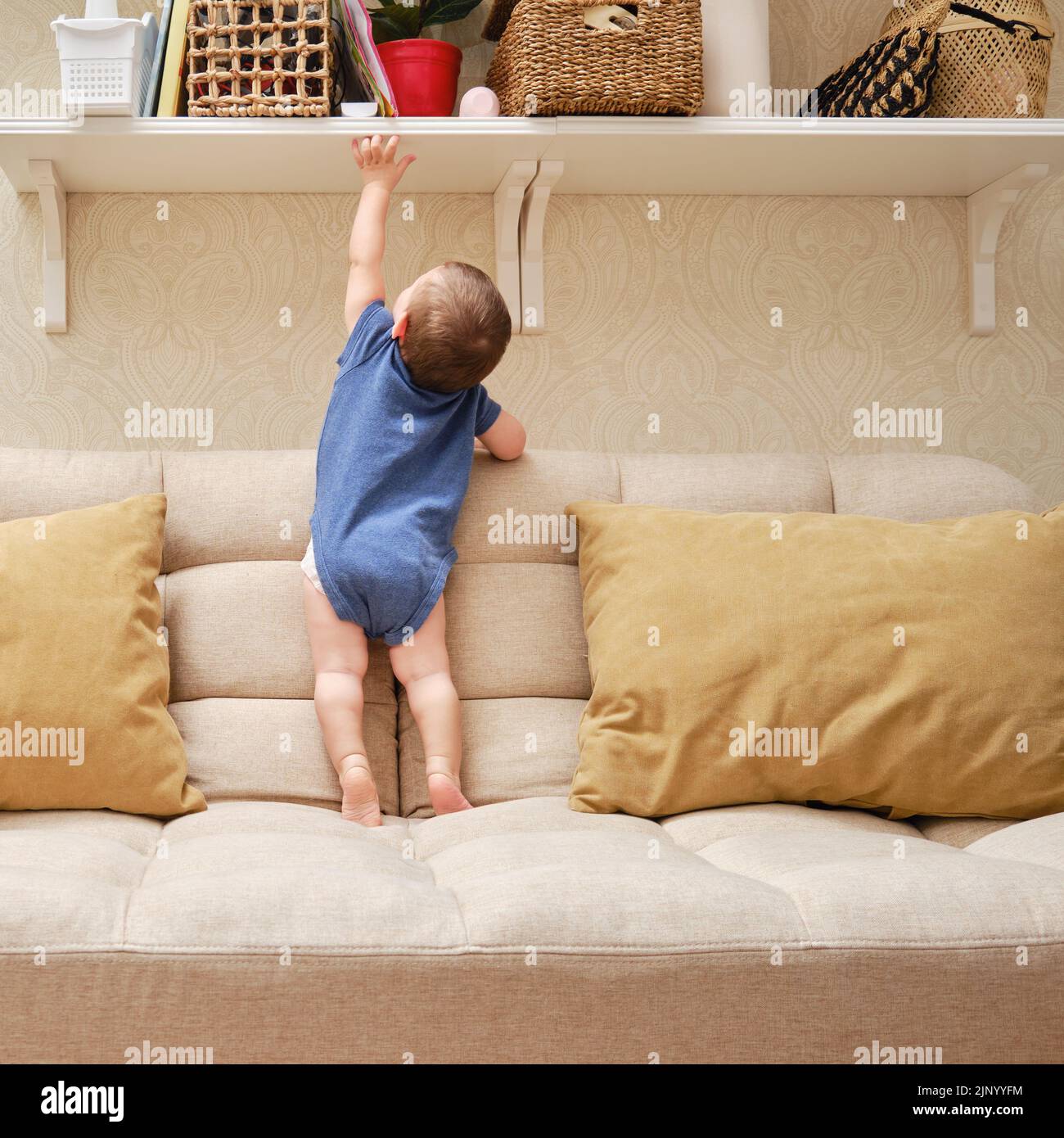 Toddler baby reaches for things on the shelf while standing on the couch. A child boy is