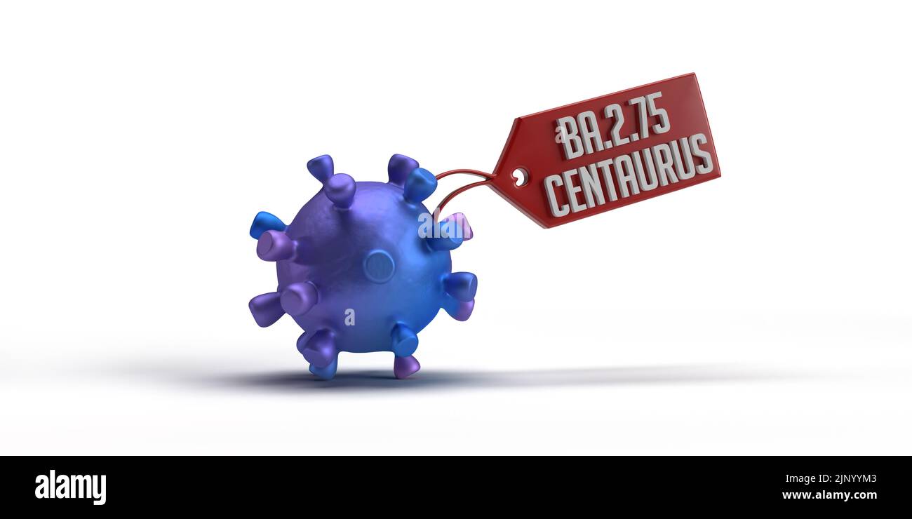 Breaking News: New variant BA.2.75 Centaurus sub-lineage of SARS-CoV-2 coronavirus discovered. 3D render Covid-19 bacteria cell, name tag, copy space, Stock Photo