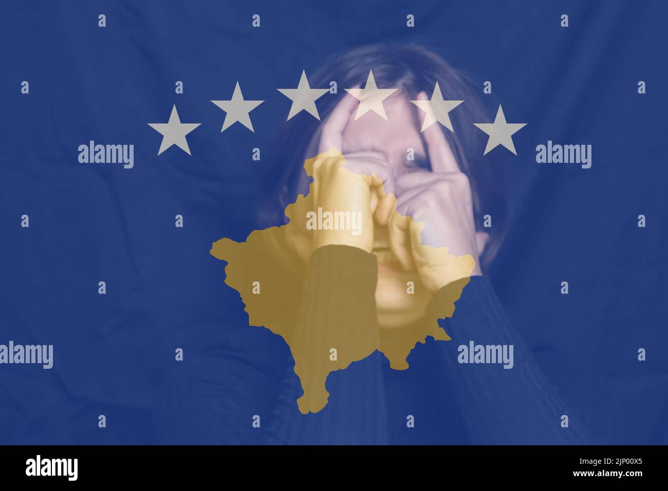 Defocus woman on Kosovo flag. Concept of border conflict, independence and freedom shipment or free trade agreement Conflict between Serbia and Kosovo Stock Photo
